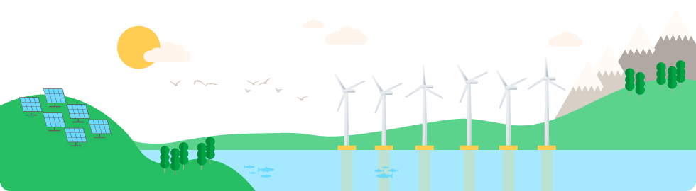 Ilustración de un parque eólico terrestre y una planta fotovoltaica.